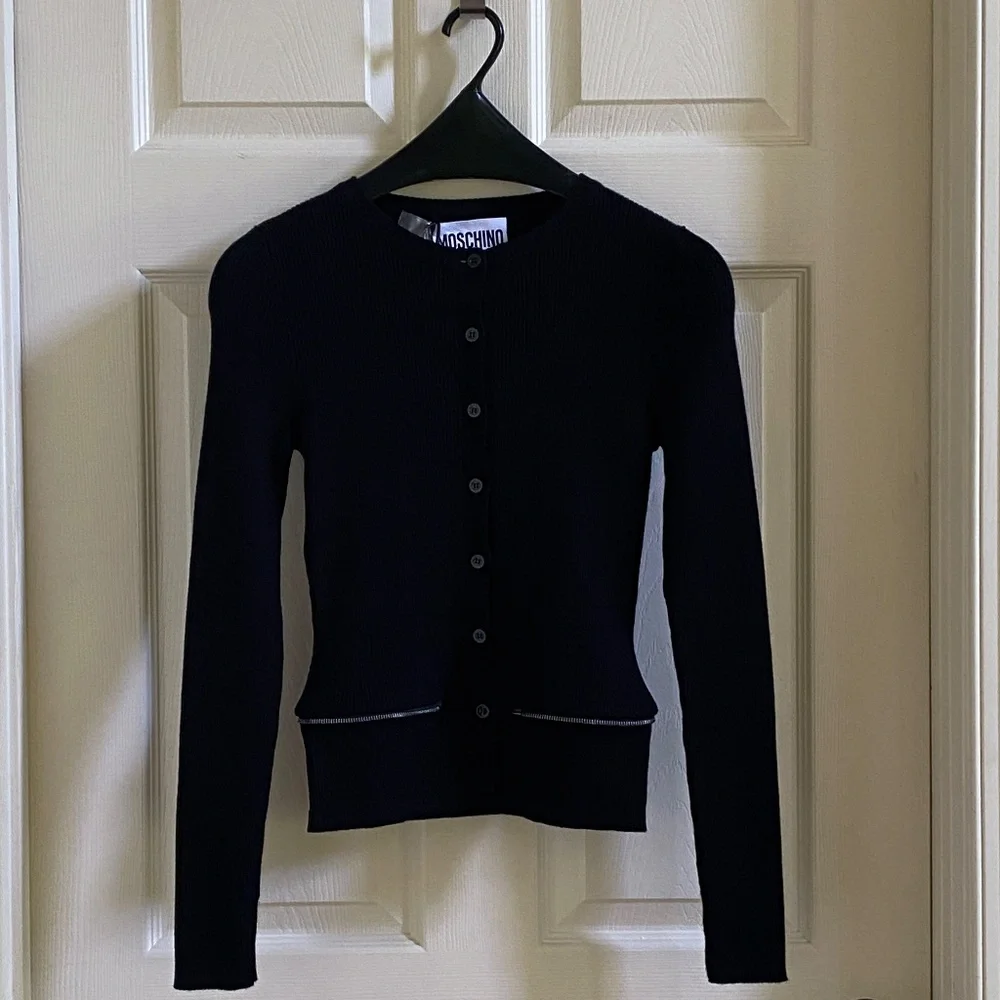 Moschino Couture Black Cardigan Sweater Jacket with Detachable Mesh Ruffled Hem